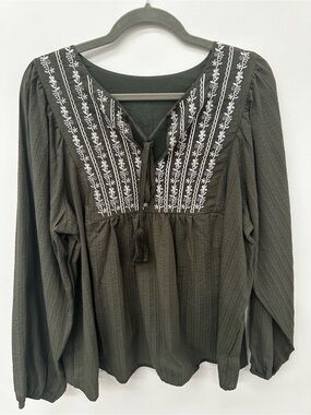Olive Green Embroidered Peasant Blouse - Women Tops
